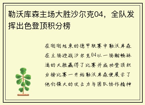 勒沃库森主场大胜沙尔克04，全队发挥出色登顶积分榜